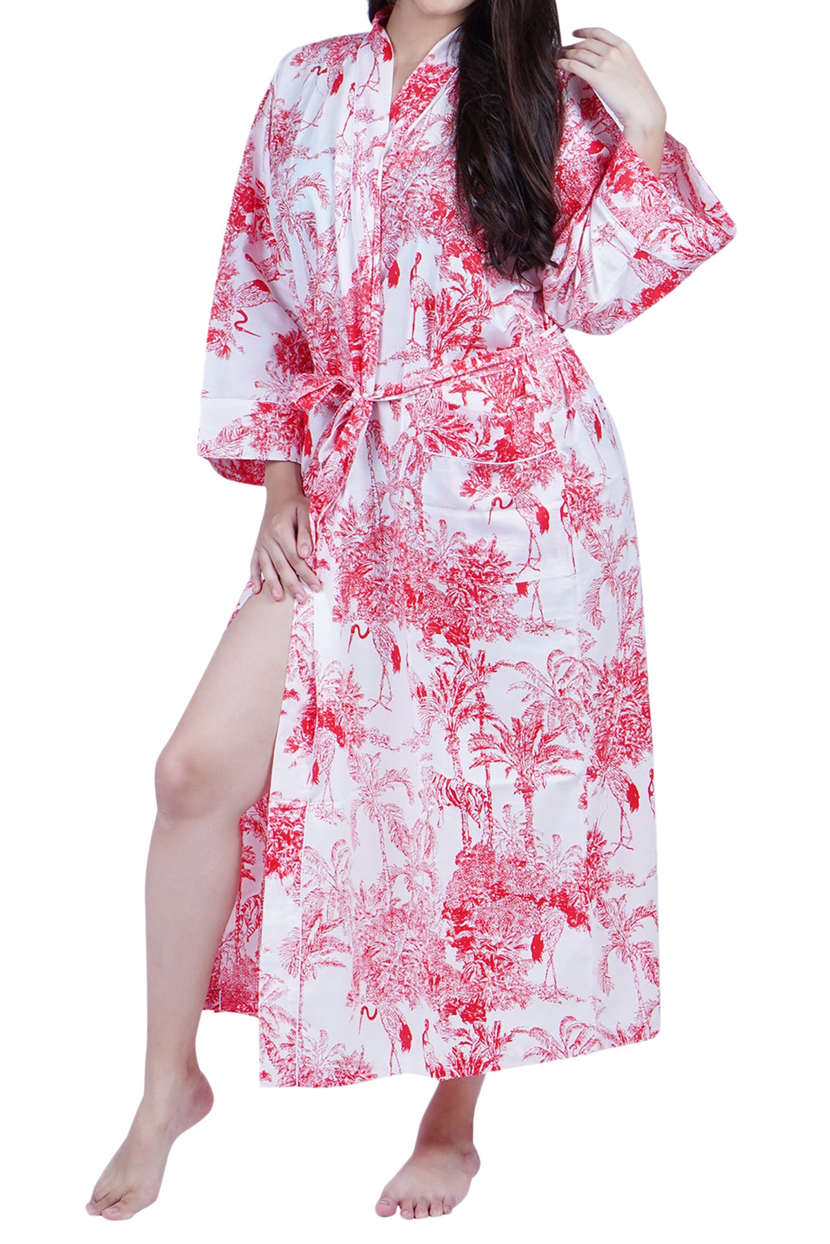 Red & White Jungle Print Long Cotton Kimono Dressing Gown
