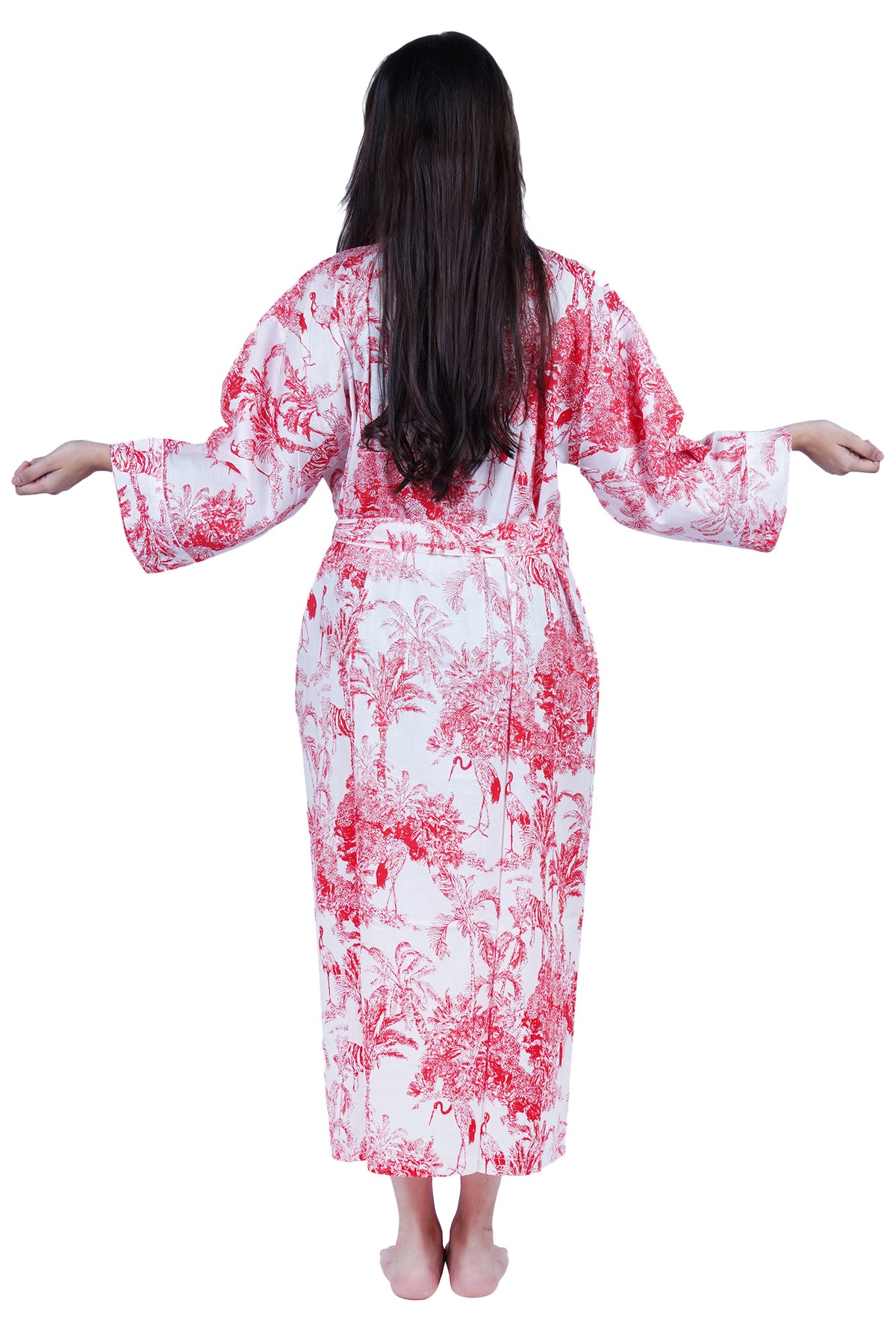 Red & White Jungle Print Long Cotton Kimono Dressing Gown