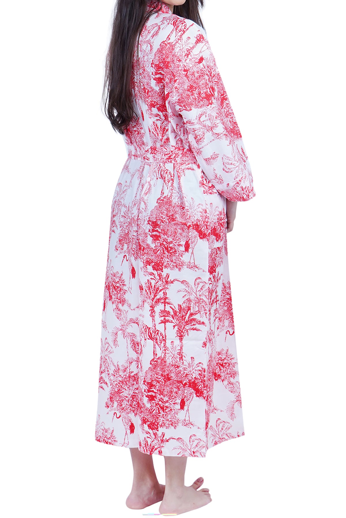 Red & White Jungle Print Long Cotton Kimono Dressing Gown