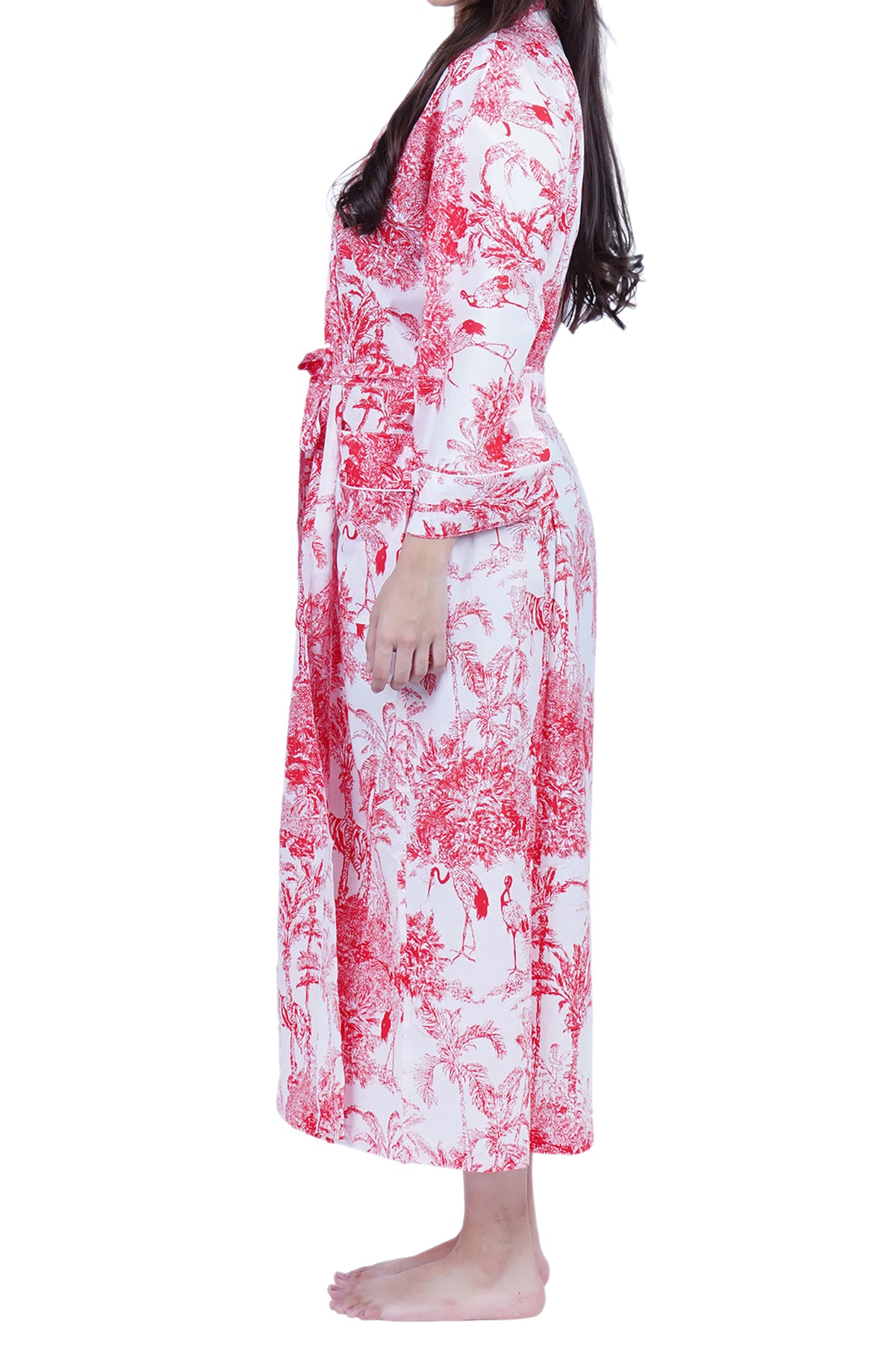 Red & White Jungle Print Long Cotton Kimono Dressing Gown