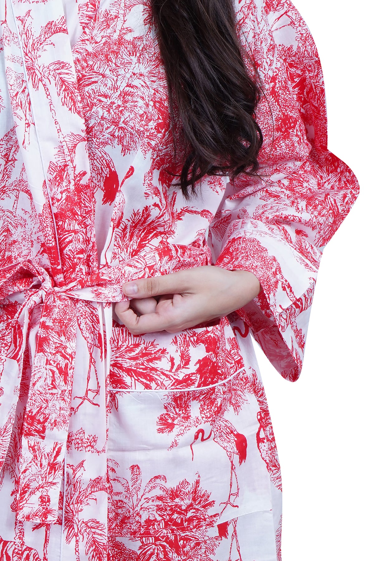 Red & White Jungle Print Long Cotton Kimono Dressing Gown