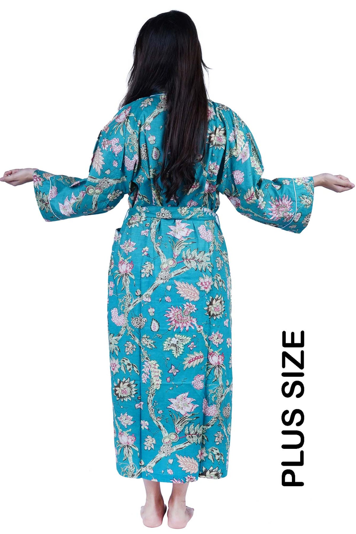 Schwarzer Frida Kahlo Kimono-Bademantel aus Baumwolle mit Blumendruck