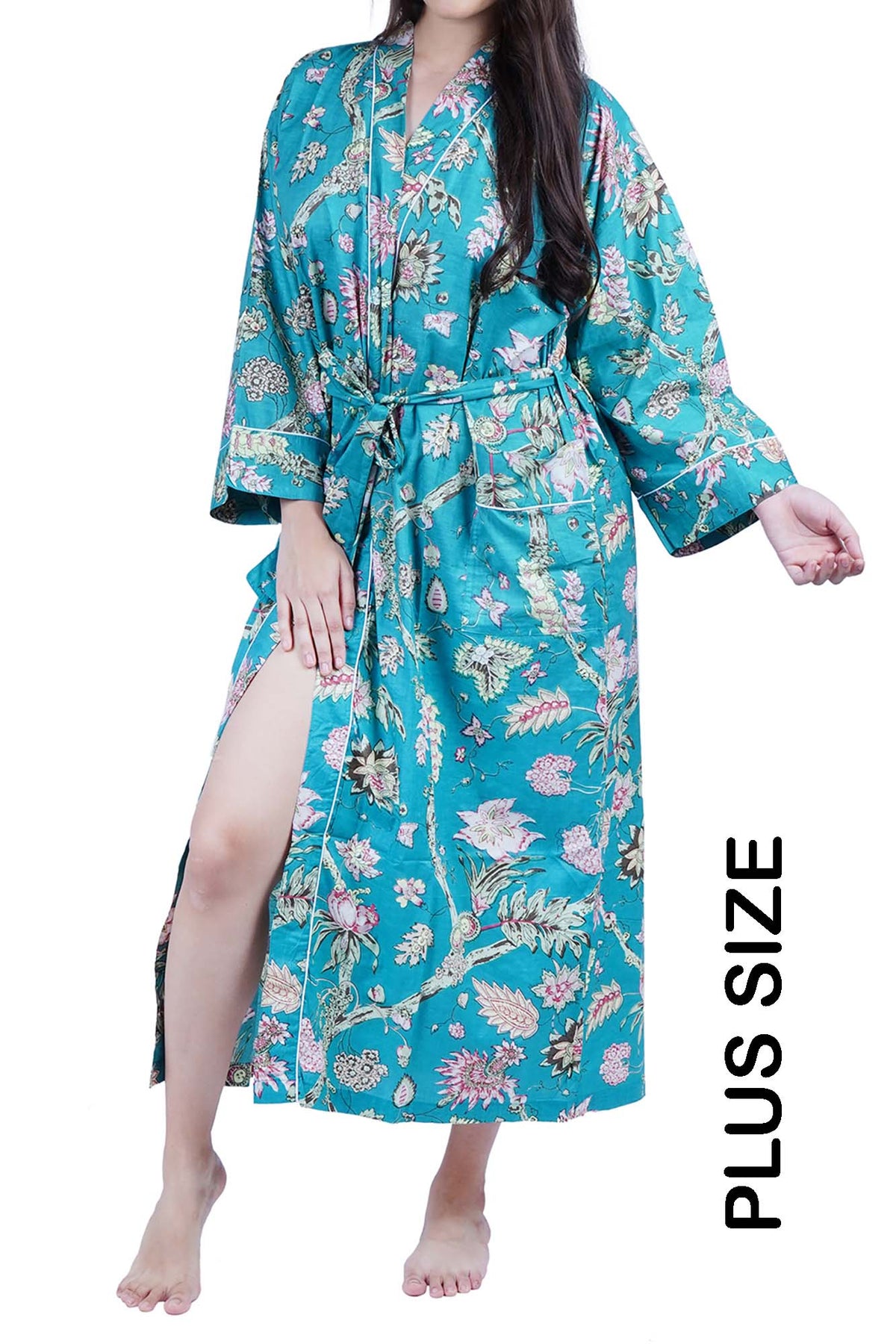 Plus Size Teal Wild Flowers Cotton Kimono Dressing Gown