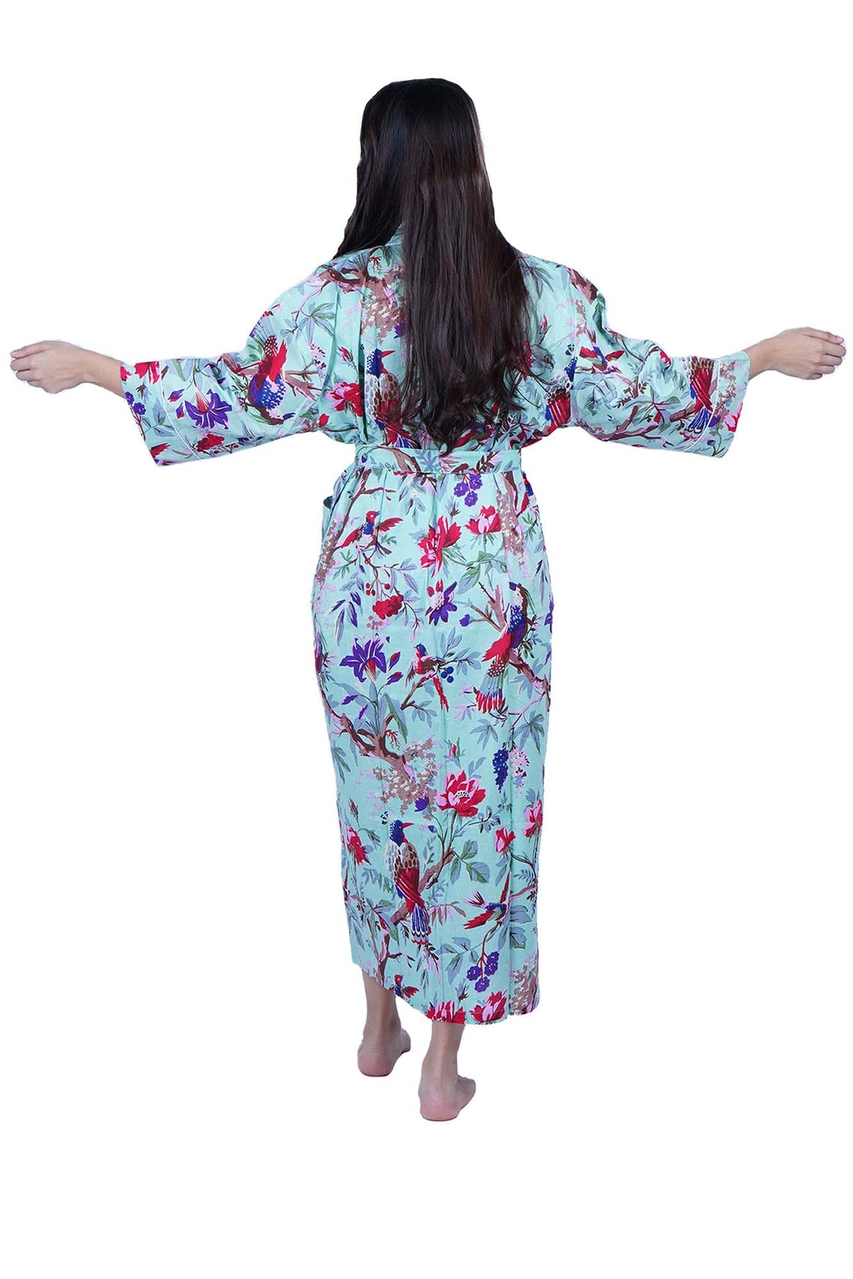 Handgefertigtes Kimono-Kleid aus Baumwolle mit Pista-Grün und tropischen Vögeln