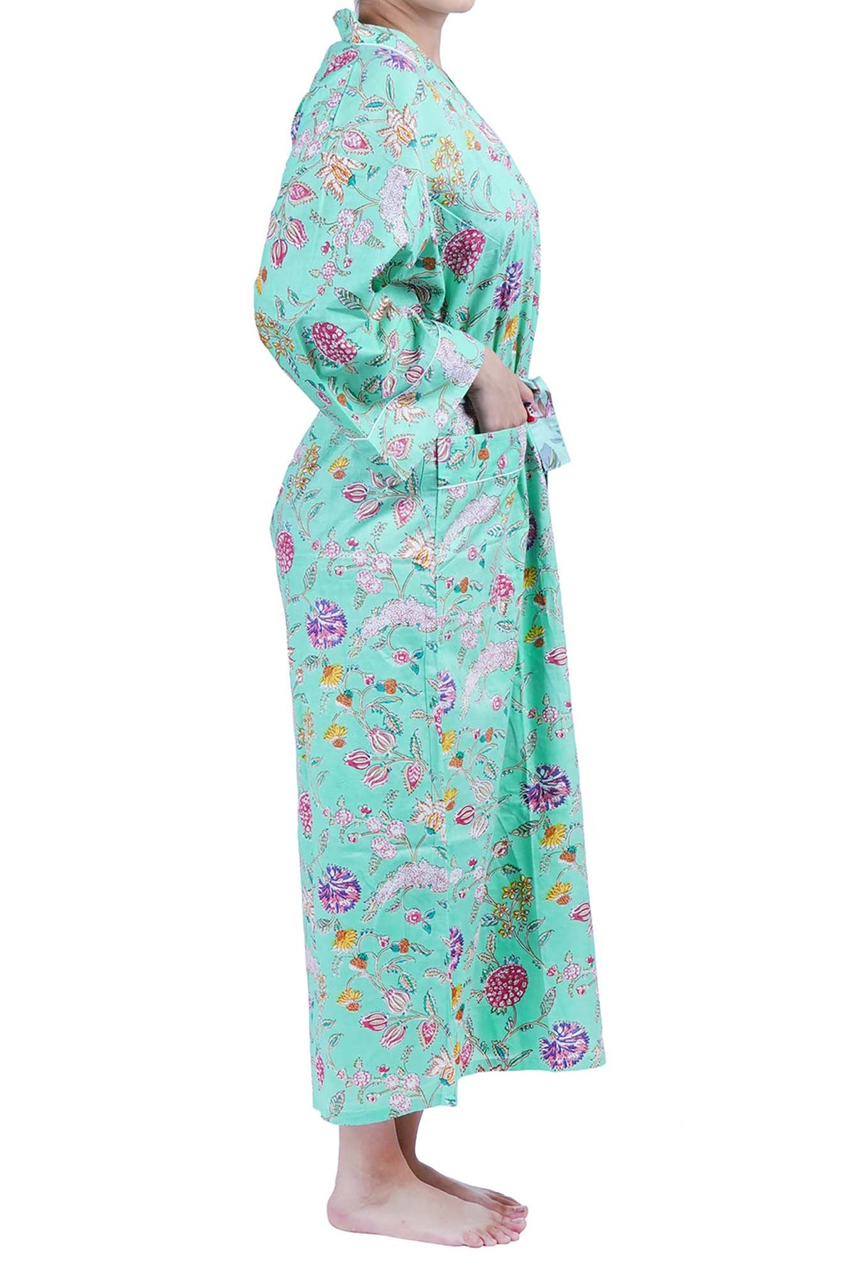 Mint Wild Flowers Cotton Kimono Dressing Gown
