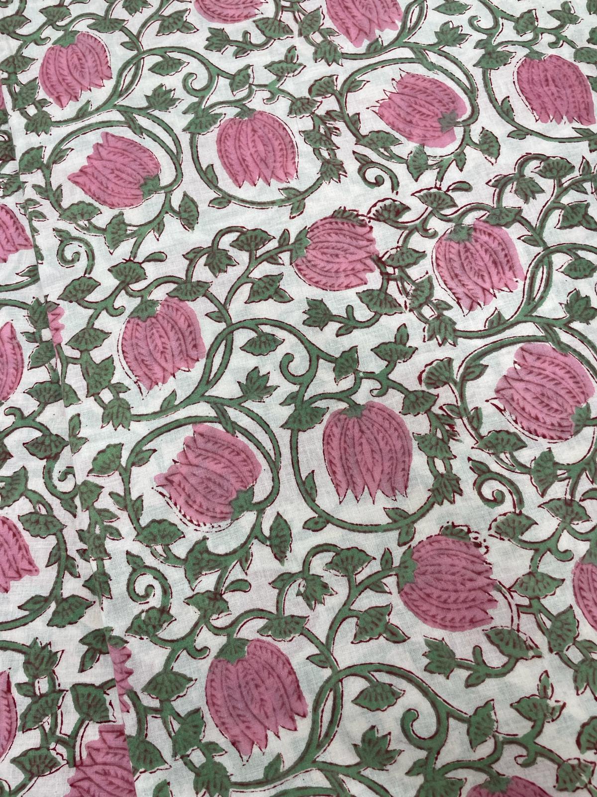 Indian Hand Block Print Pink Tulips 100% Cotton Women Dress Fabric Design 29