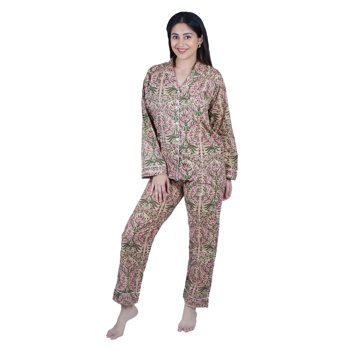 Langes bläulich-graues Pyjama-Set mit rosafarbenem Blumen-Blockdruck-Design