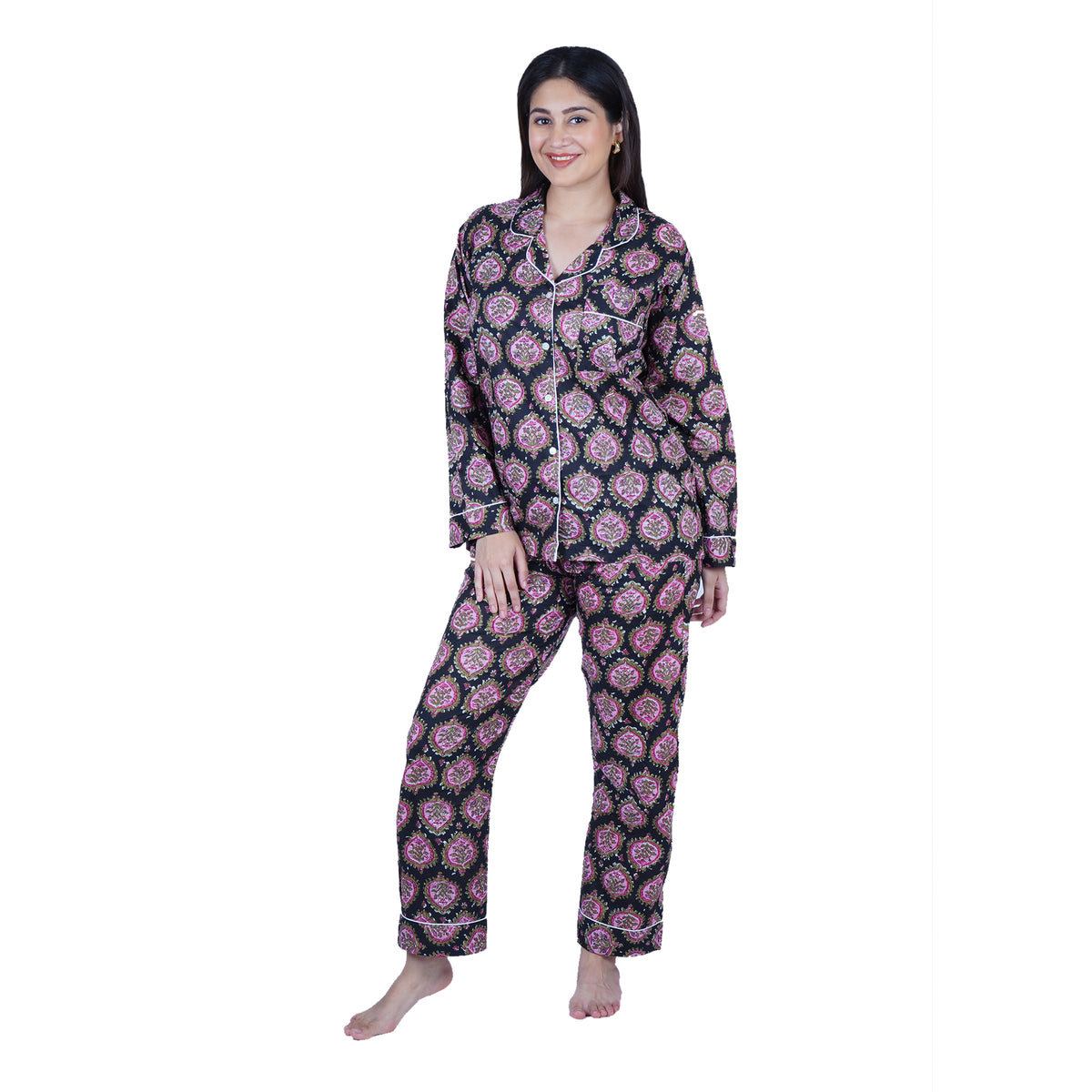 Langes bläulich-graues Pyjama-Set mit rosafarbenem Blumen-Blockdruck-Design