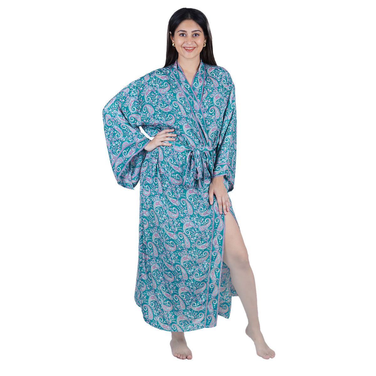 New Luxury Silk Boho Kimono House Robe - Teal Green Paisley
