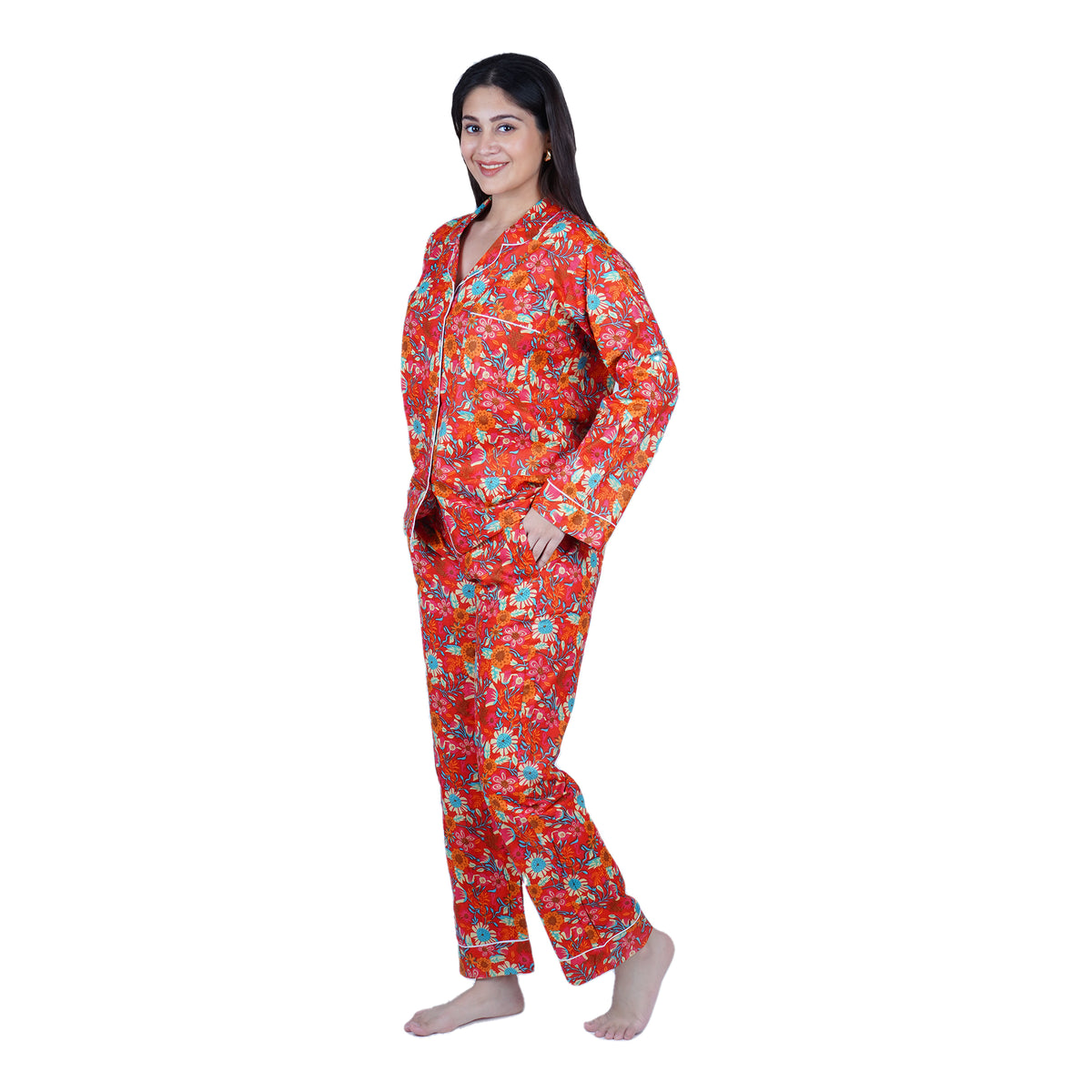 Langes bläulich-graues Pyjama-Set mit rosafarbenem Blumen-Blockdruck-Design