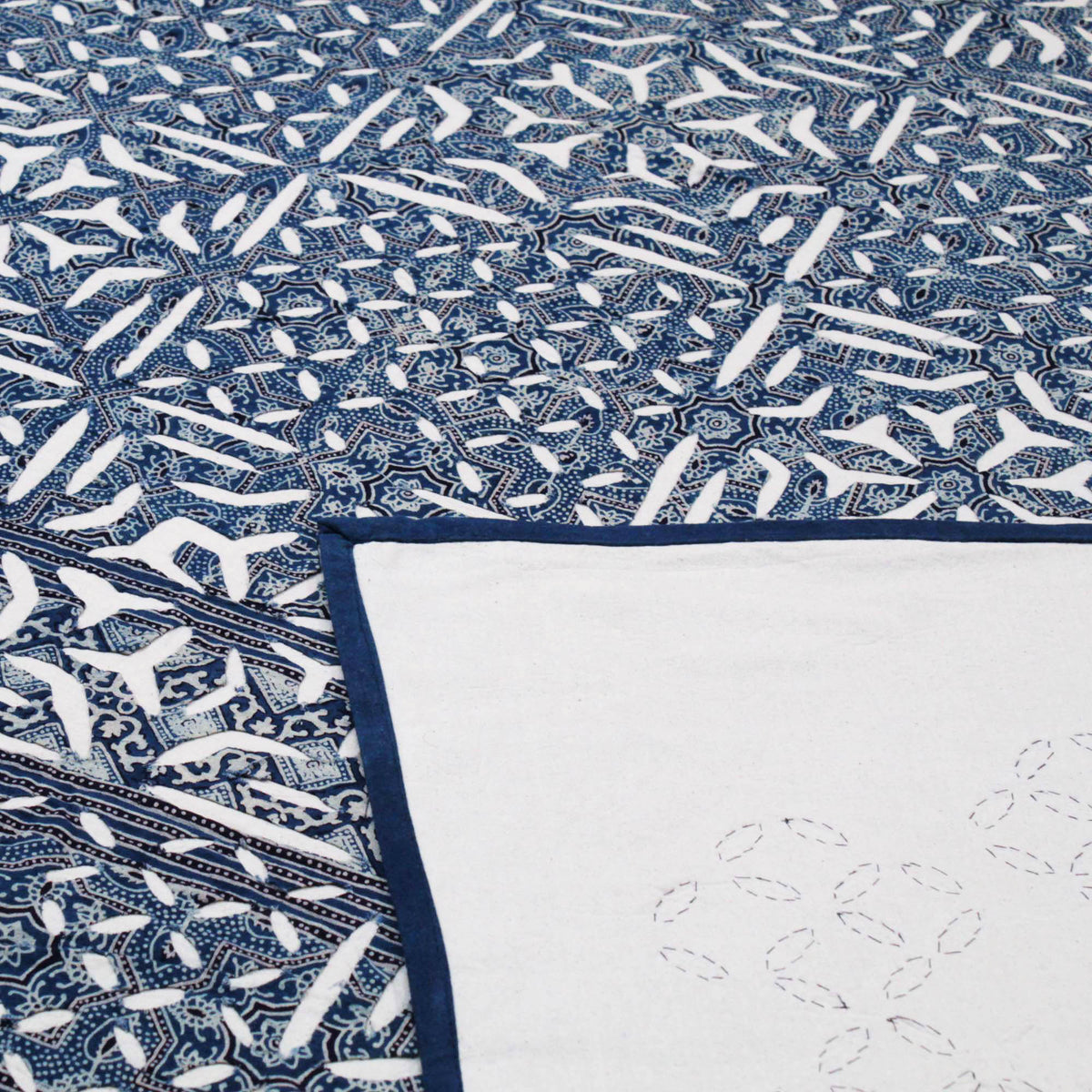 Indigo Blue Indian Applique Cutwork Kantha Bedspread