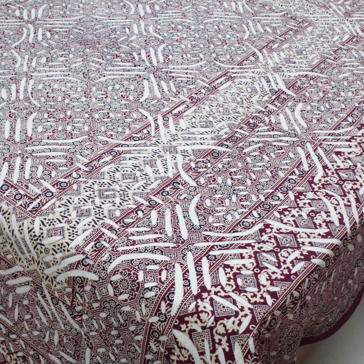 Maroon Ajarakh Cutwork Applique Kantha Bedspread