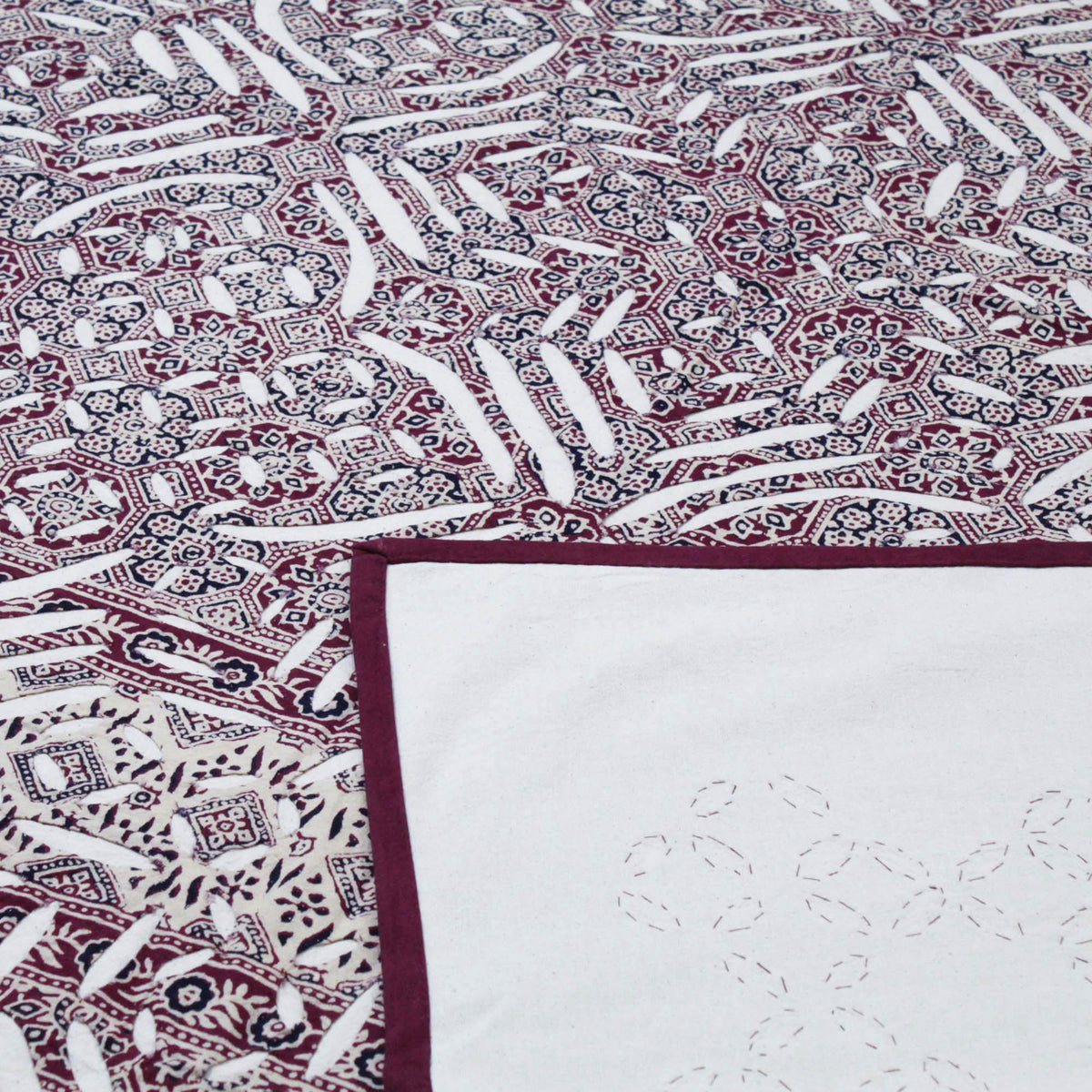 Maroon Ajarakh Cutwork Applique Kantha Bedspread