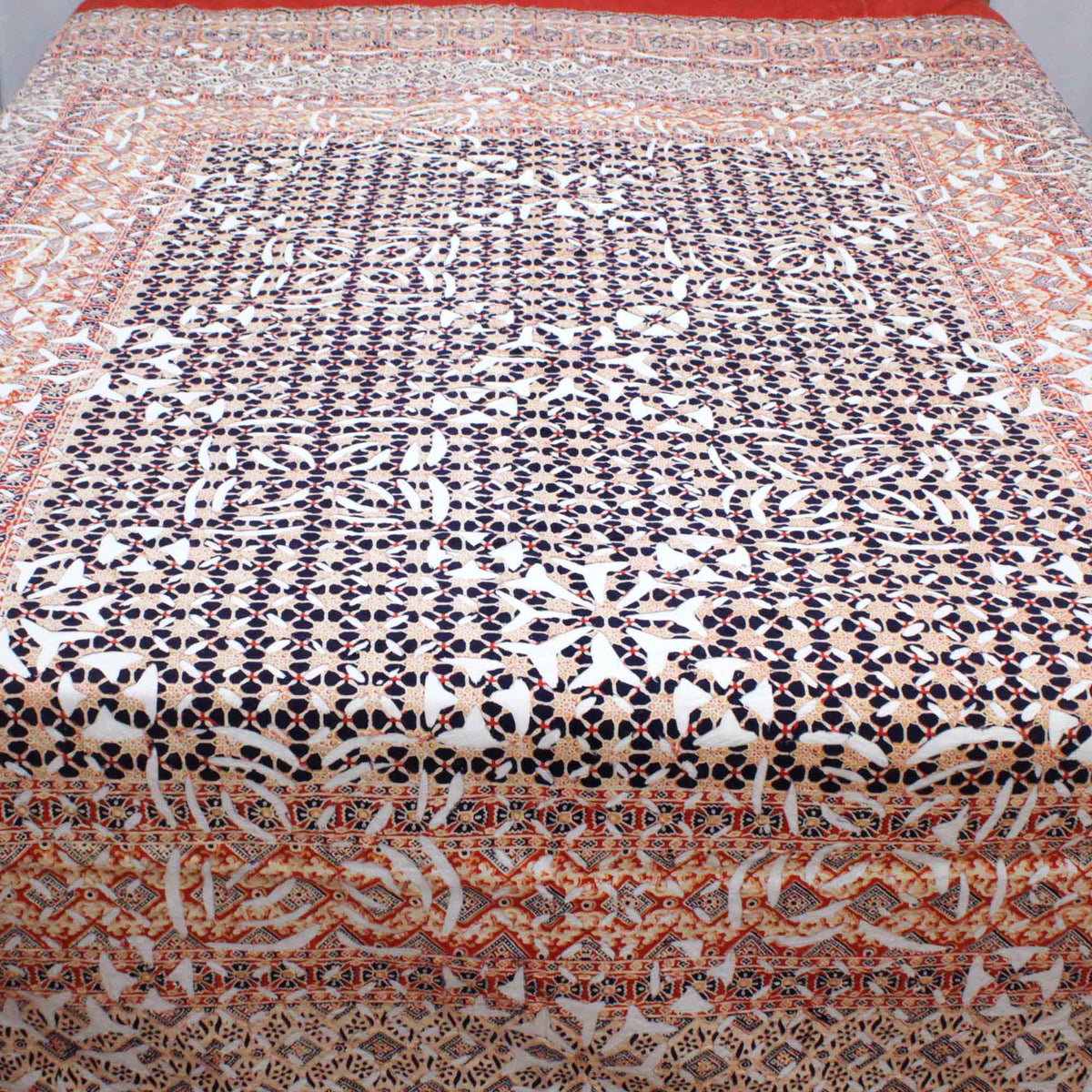 Orange Color Ajarakh Cutwork Applique Kantha Bedspread