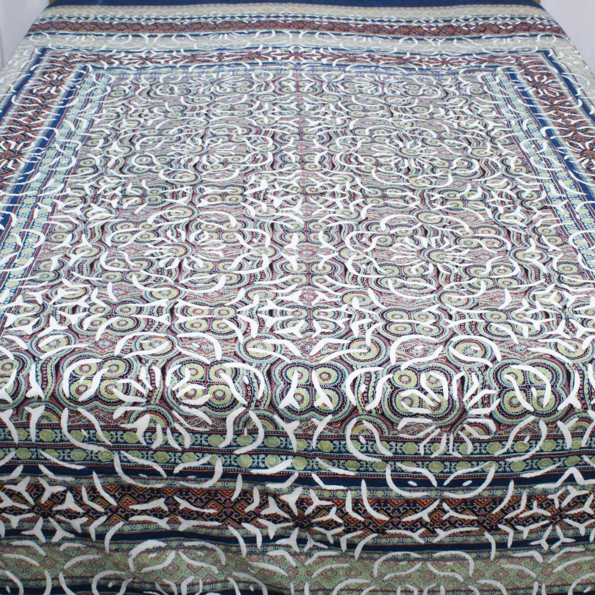 Blue & Maroon Ajarakh Cutwork Indian Kantha Applique Bedspread