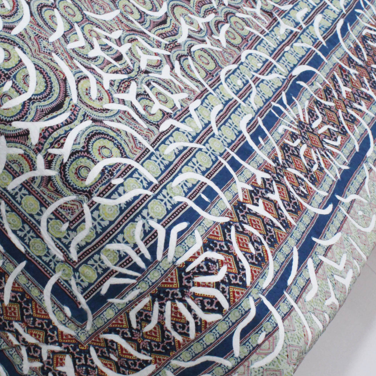 Blue & Maroon Ajarakh Cutwork Indian Kantha Applique Bedspread