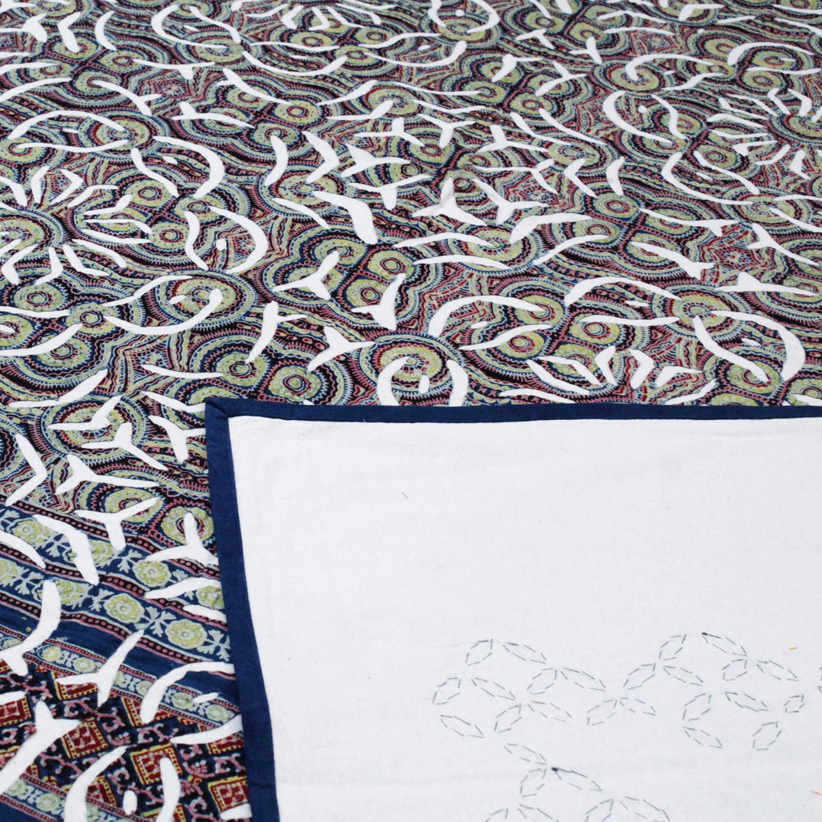 Blue & Maroon Ajarakh Cutwork Indian Kantha Applique Bedspread