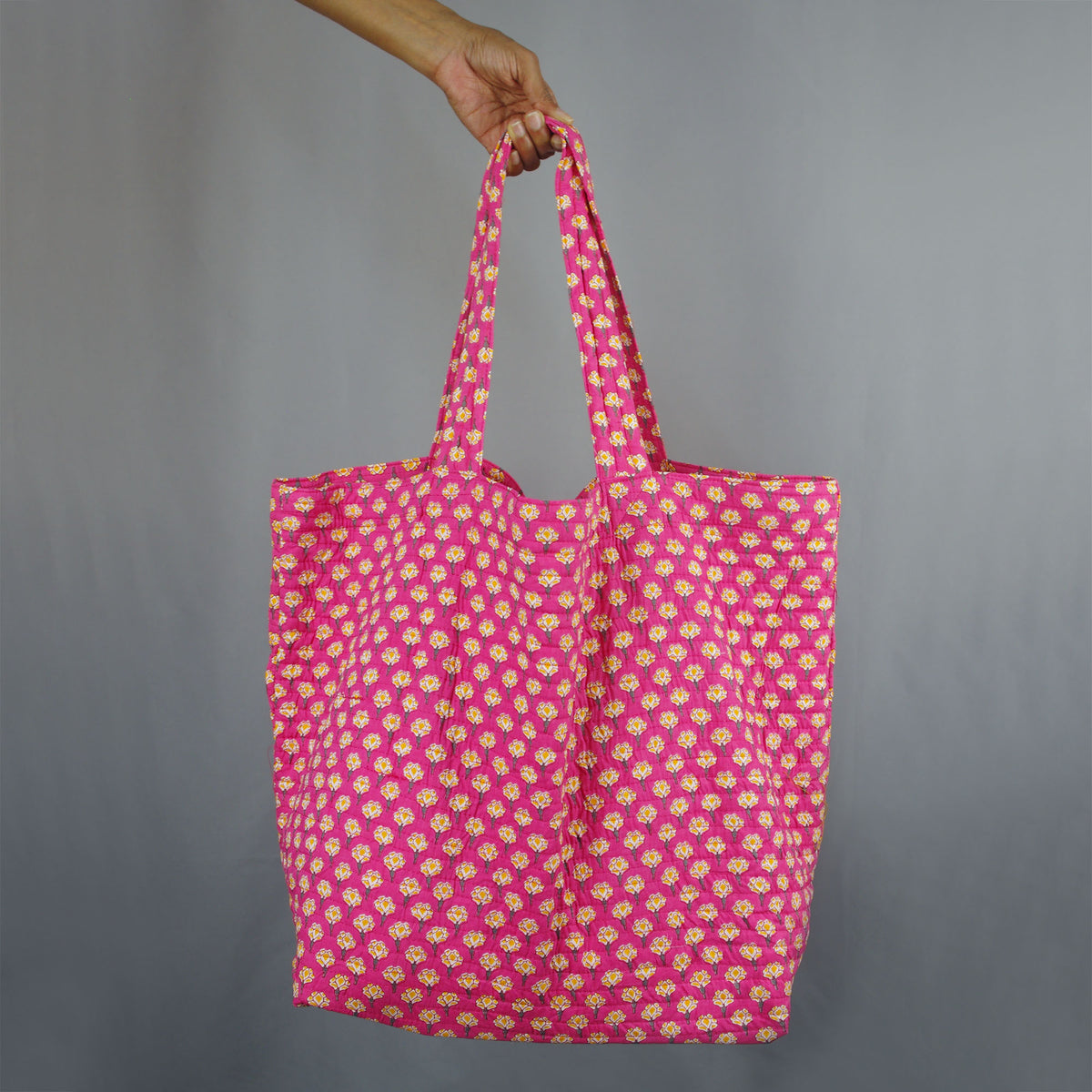 Cotton Quilted Large Shopping / Beach Bag - Yellow Flowers On Pink