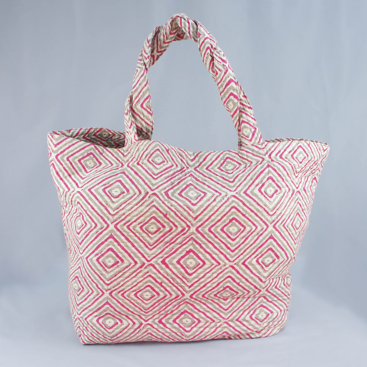 Cotton Quilted Large Shopping / Beach Bag - Pink Grey Diamonds