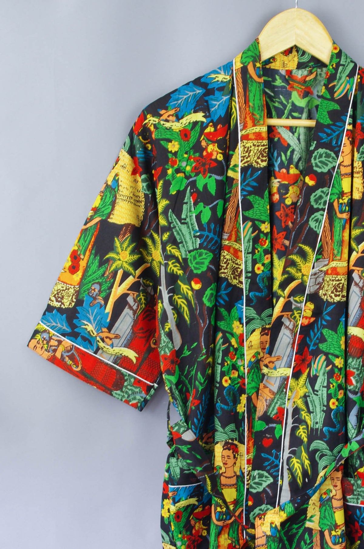 Black Frida Kahlo Floral Print Cotton Kimono Dressing Gown
