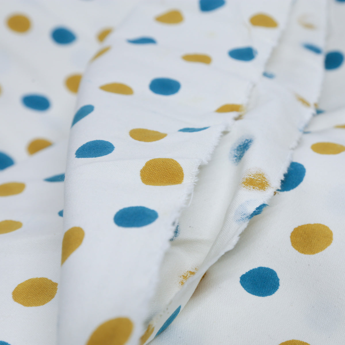 Cotton Canvas Fabric - White Base Blue And Yellow Polka Dot