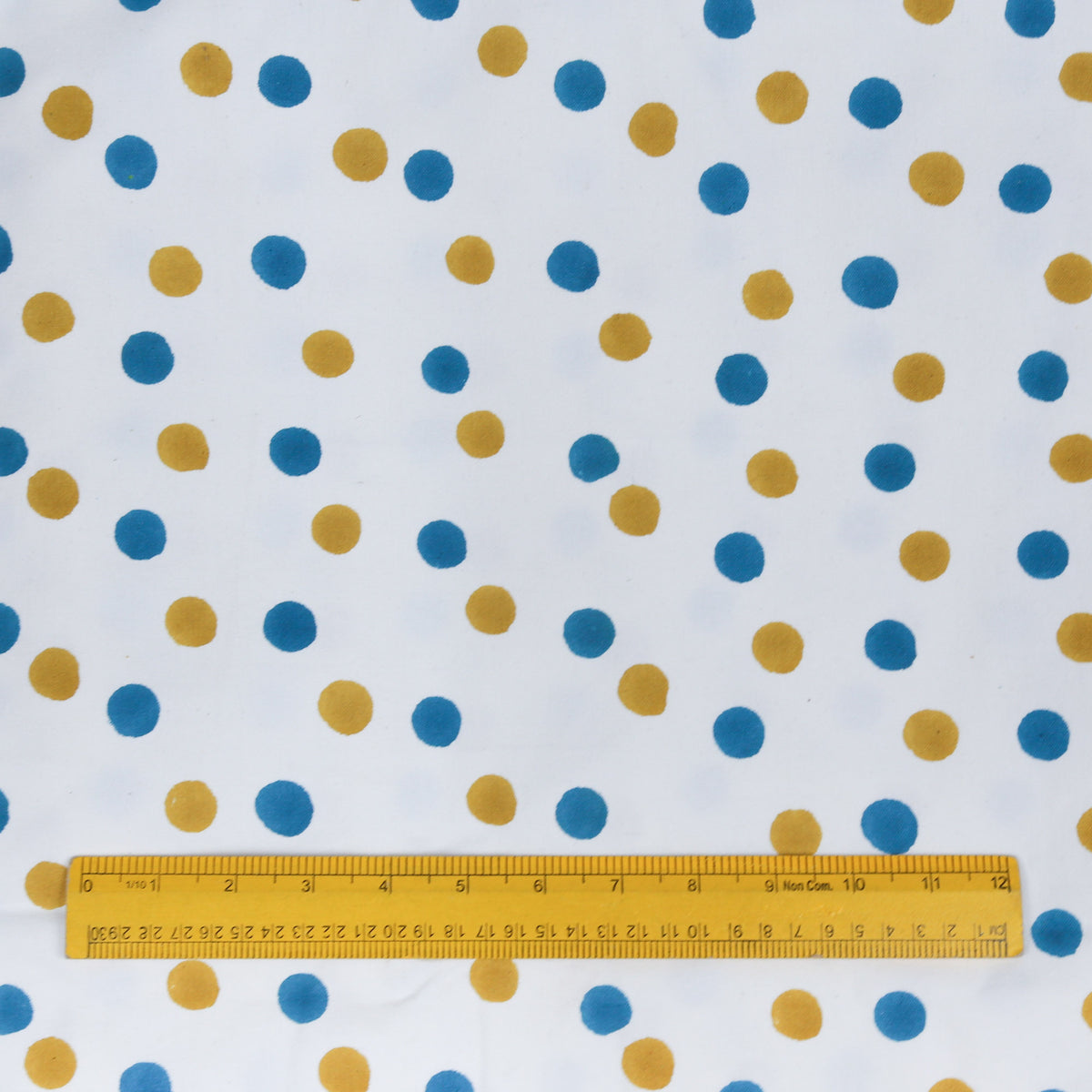 Cotton Canvas Fabric - White Base Blue And Yellow Polka Dot