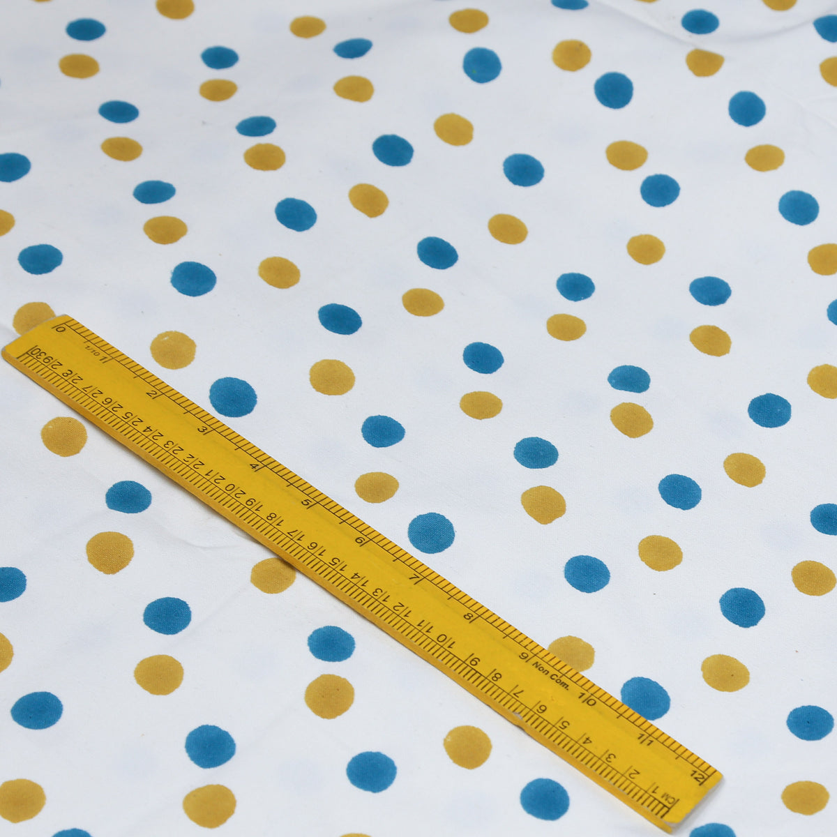 Cotton Canvas Fabric - White Base Blue And Yellow Polka Dot