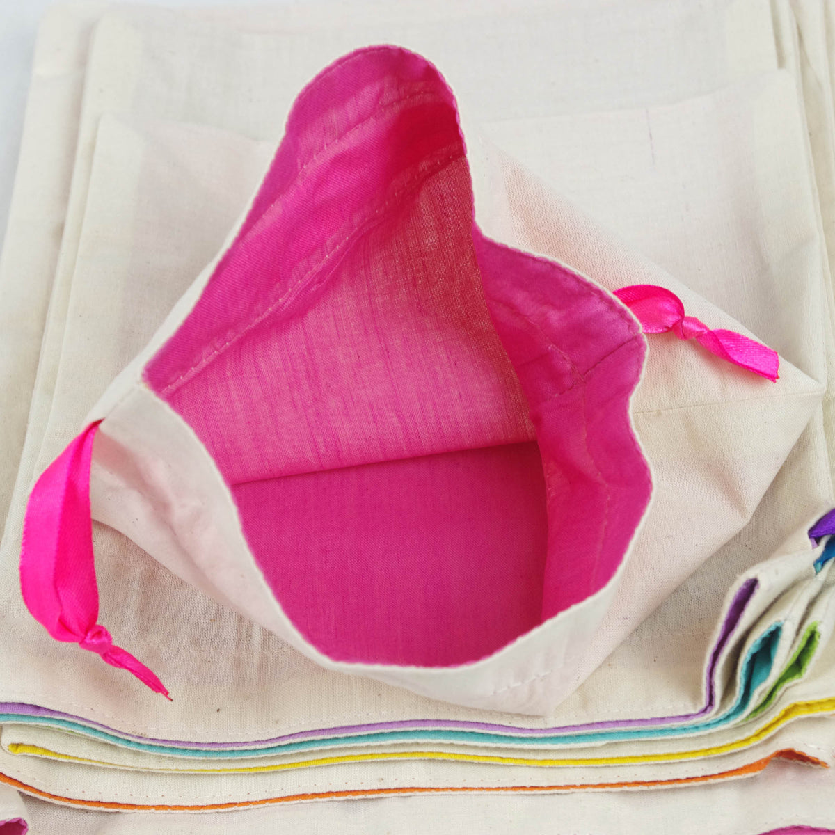 Cotton Drawstring Gift Bags In White Rainbow Colour X Set of 4
