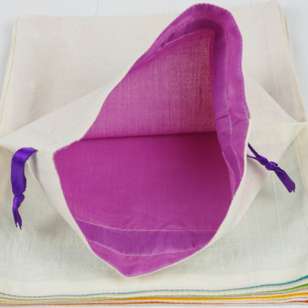 Cotton Drawstring Gift Bags In White Rainbow Colour X Set of 4