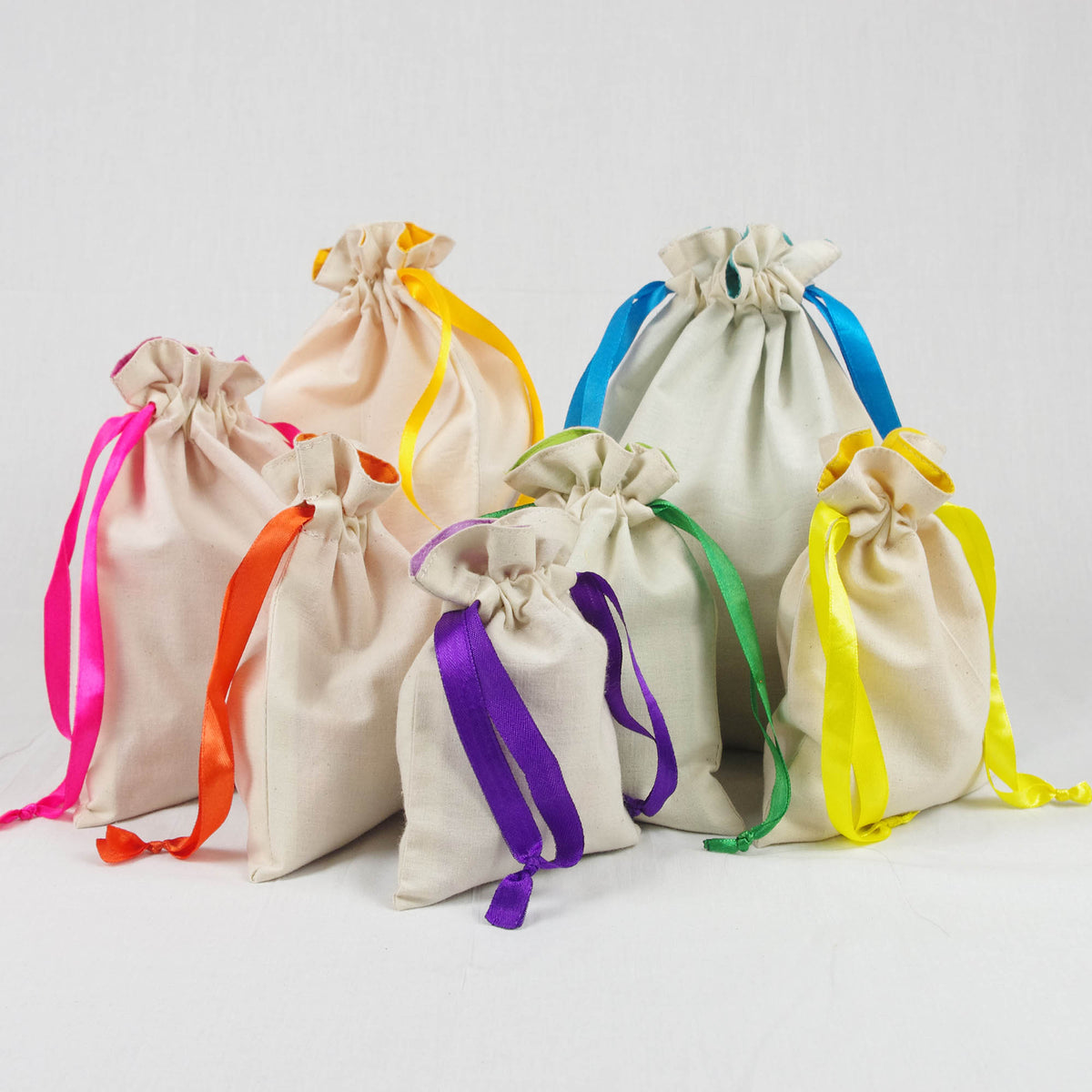 Cotton Drawstring Gift Bags In White Rainbow Colour X Set of 4