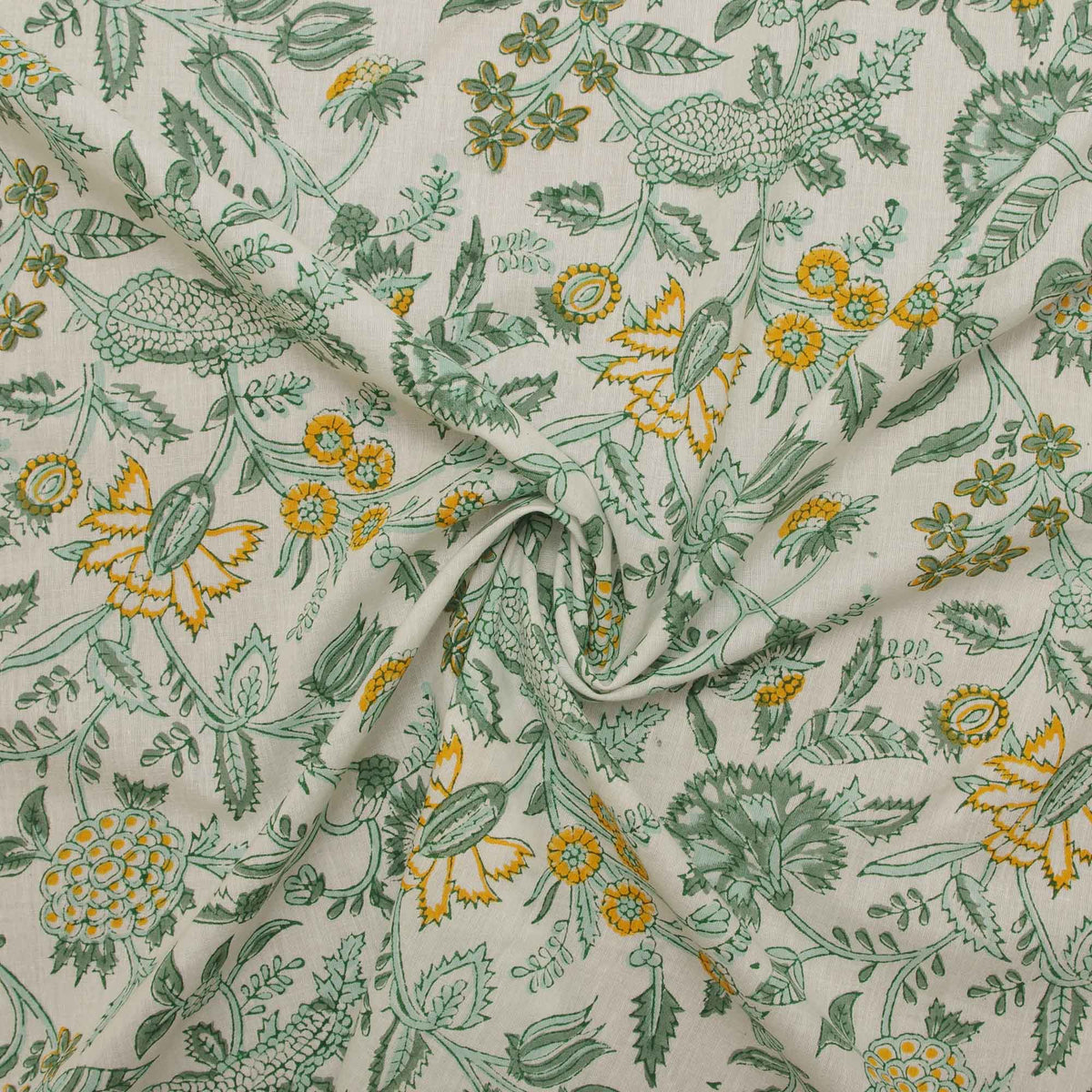 Indian Hand Block Print 100% Cotton With Green Wild Flowers Women Dress Fabric Design 152