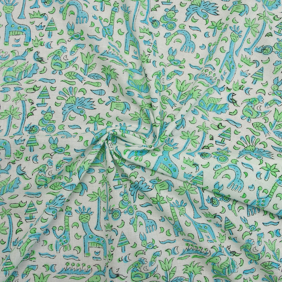 Animal Safari Green Blue Pattern 100 % Cotton Fabric Design 167