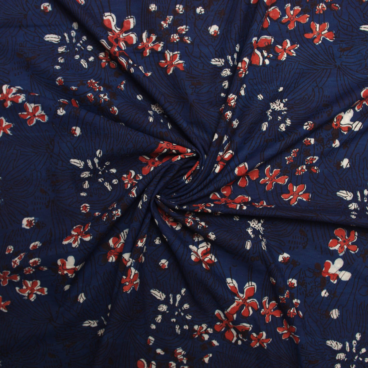 Jahota, natürliches Indigoblau mit rotem Blumen-Handblockdruck, 100 % Baumwolle, Damen-Kleiderstoff, Design 225