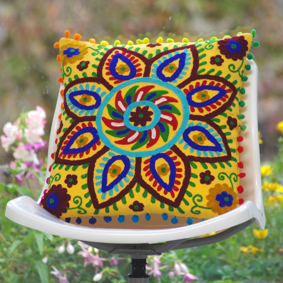 Decorative Suzani Floral Print & Woolen Embroidered Cotton Cushion Cover With Pom Pom
