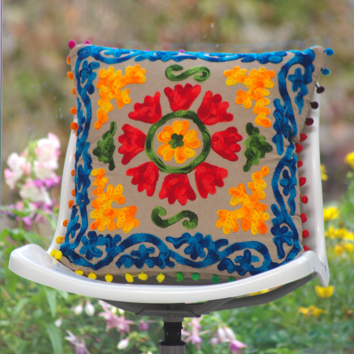 Decorative Suzani Floral Print & Woolen Embroidered Cotton Cushion Cover With Pom Pom