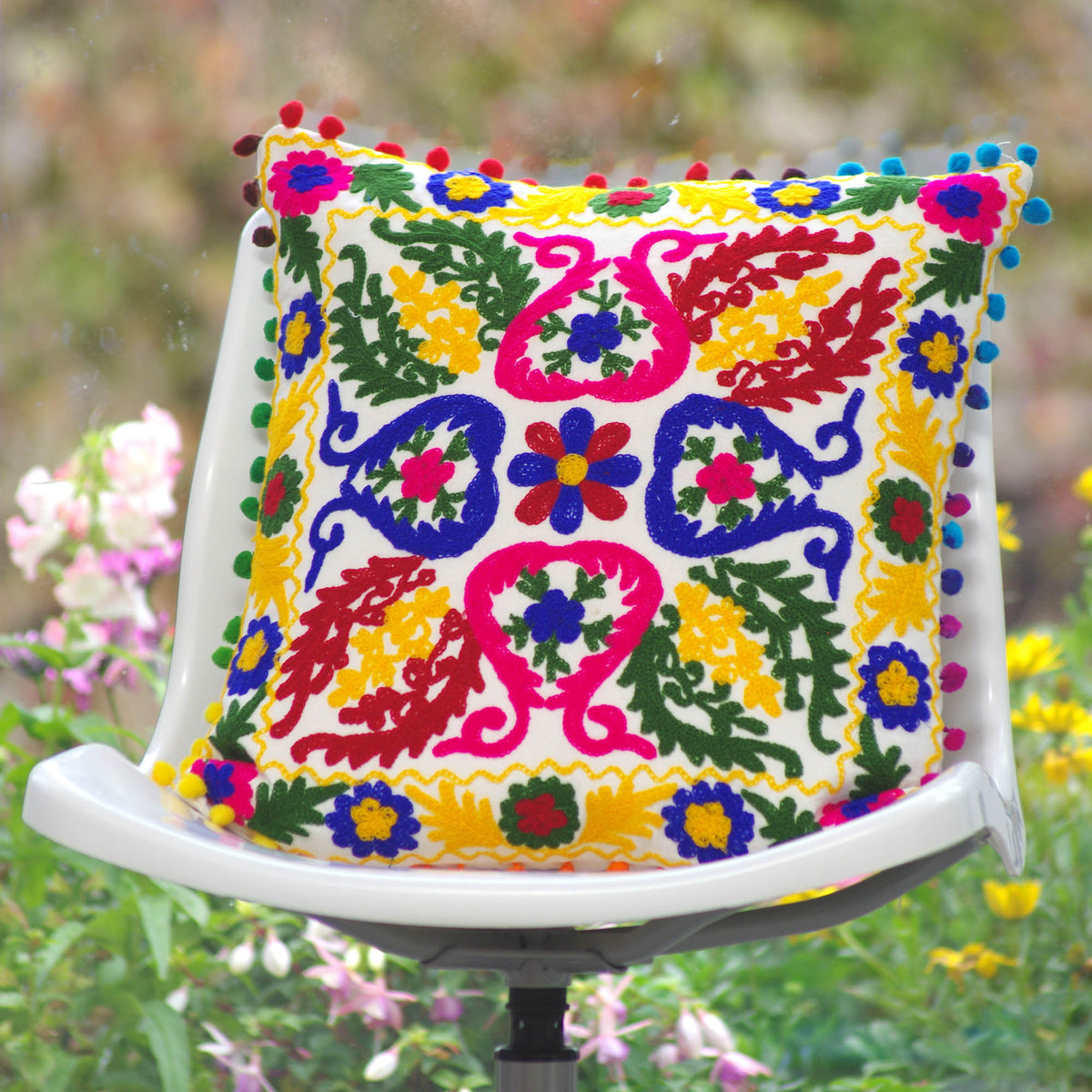 Decorative Suzani Floral Print & Woolen Embroidered Cotton Cushion Cover With Pom Pom