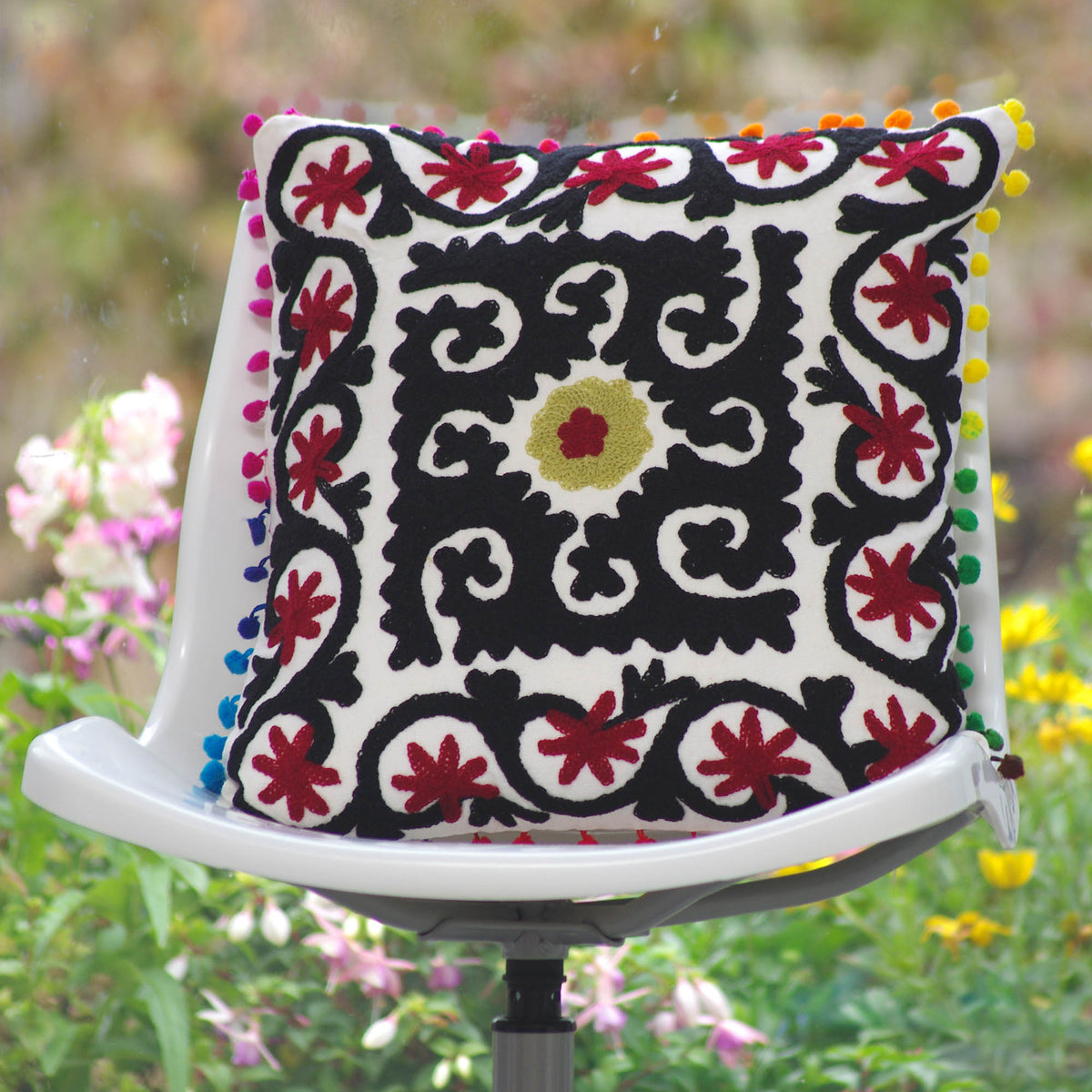 Decorative Suzani Floral Print & Woolen Embroidered Cotton Cushion Cover With Pom Pom