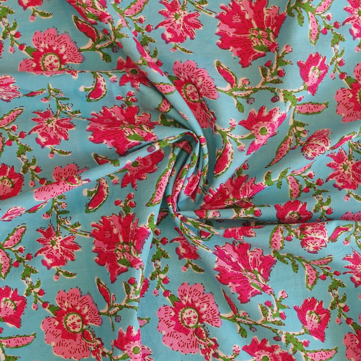 Indian Hand Block Print Turquoise Blue & Red Floral 100% Cotton Women Dress Fabric Design 32 - Kantha Decor