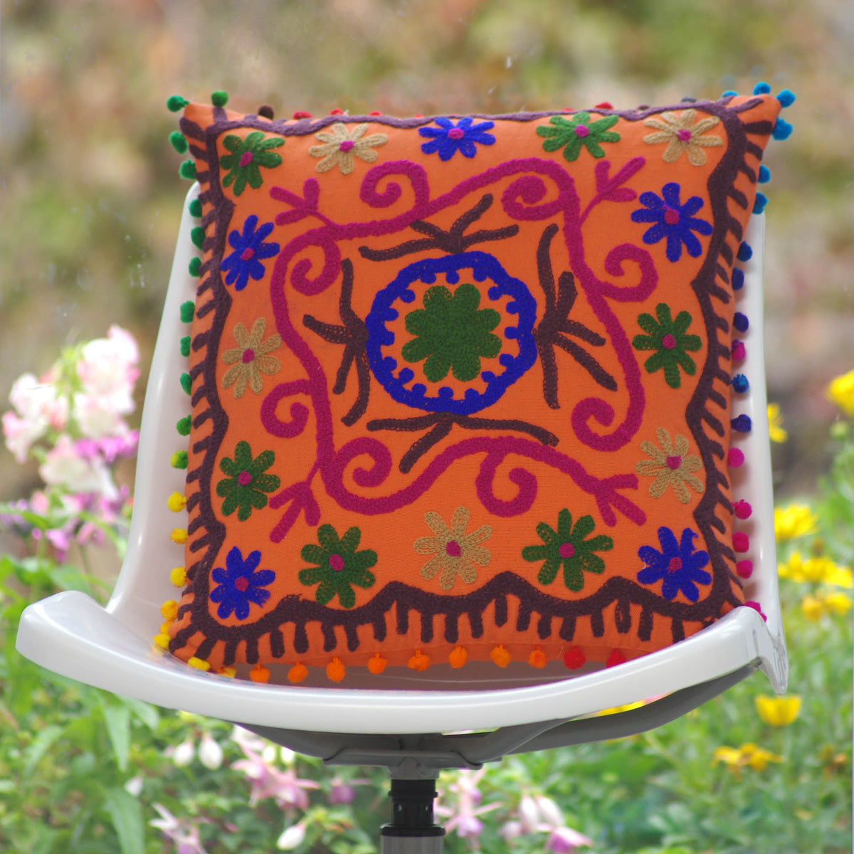 Decorative Suzani Floral Print & Woolen Embroidered Cotton Cushion Cover With Pom Pom
