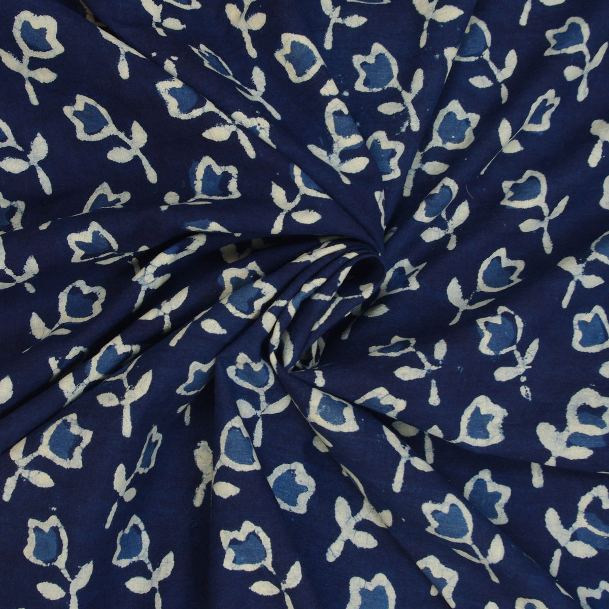 Hand Block Printed Dabu Natural Indigo Small Floral 100% Cotton Fabric Design 332