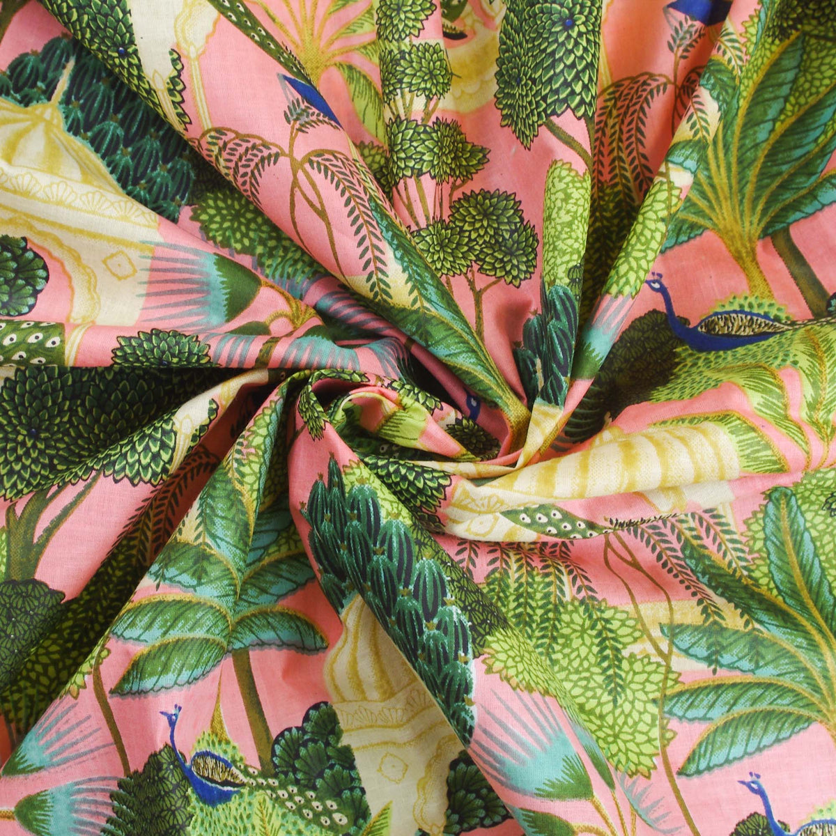 Pfauengarten auf rosa Basis, handsiebbedruckter Baumwollstoff, Design 342