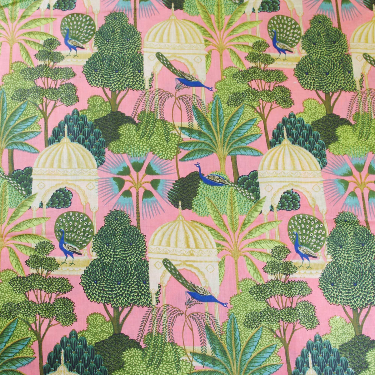 Peacock Garden On Pink Peach Base Hand Screen Printed Cotton Fabric Design 342