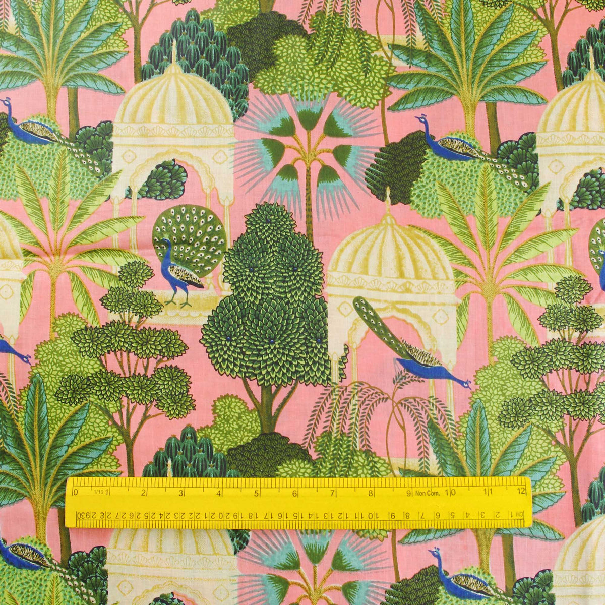 Peacock Garden On Pink Peach Base Hand Screen Printed Cotton Fabric Design 342