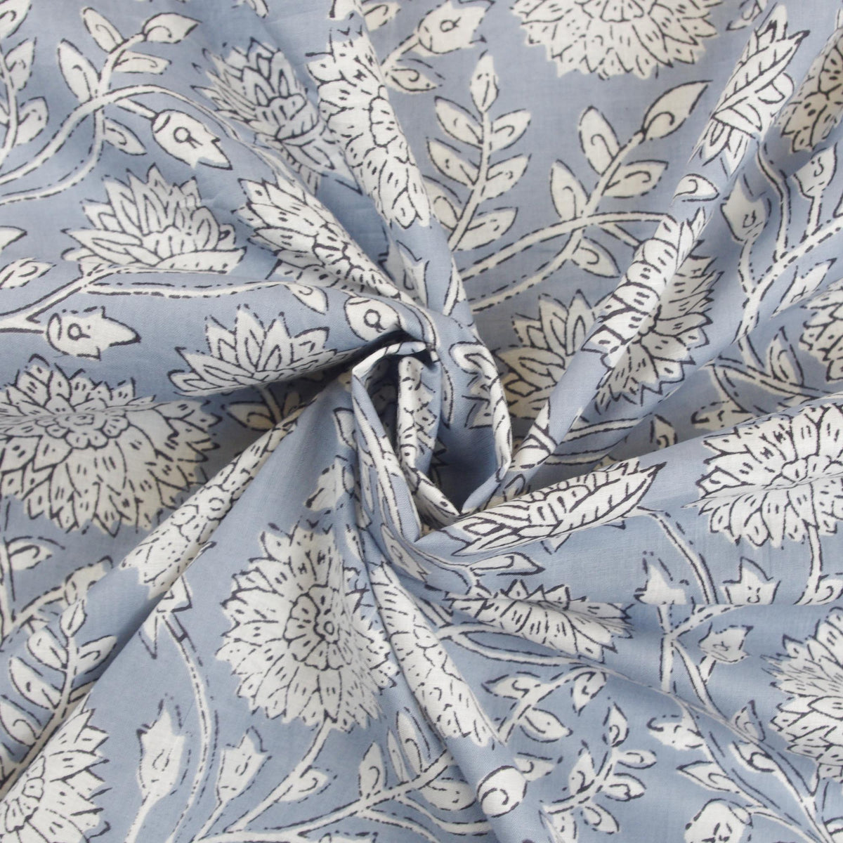 Grauer Blumen-Handblockdruck, 100 % Baumwolle, Damen-Kleiderstoff, Design 349