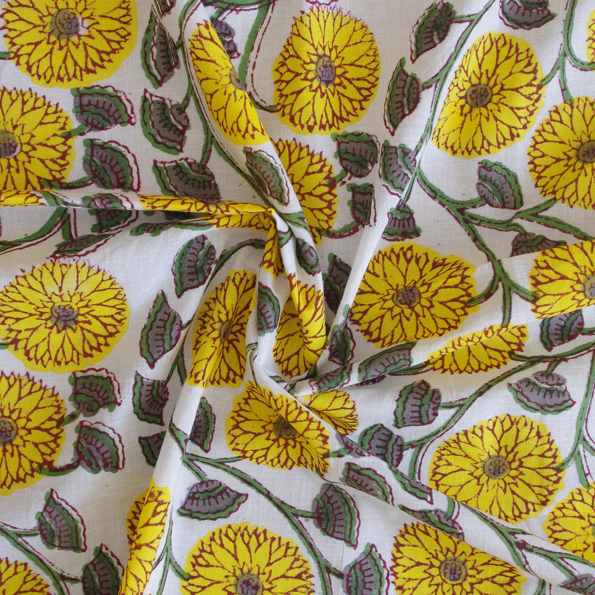 Indian Hand Block Print White & Yellow Floral 100% Cotton Women Dress Fabric Design 34 - Kantha Decor