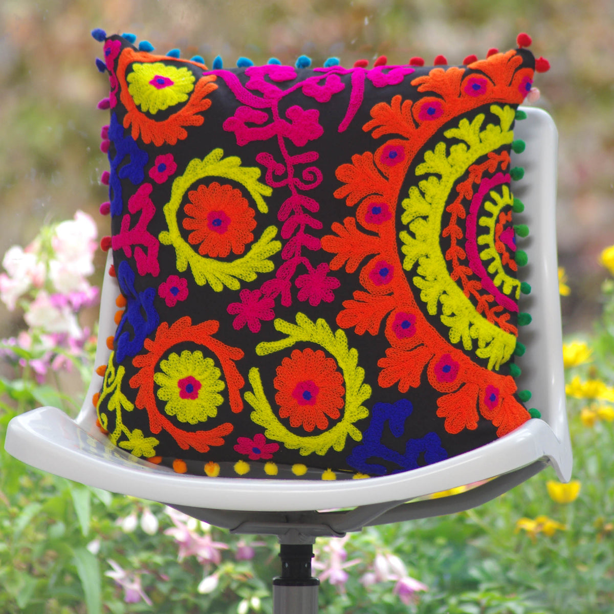 Decorative Suzani Floral Print & Woolen Embroidered Cotton Cushion Cover With Pom Pom