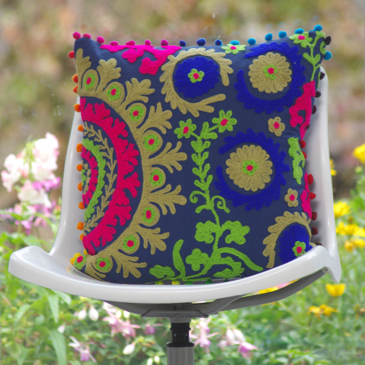 Decorative Suzani Floral Print & Woolen Embroidered Cotton Cushion Cover With Pom Pom