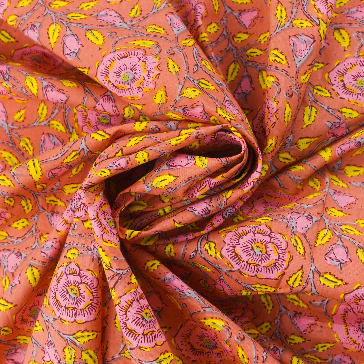 Hand Screen Printed 100% Cotton Fabric - Dark Peach Floral (Design 394)