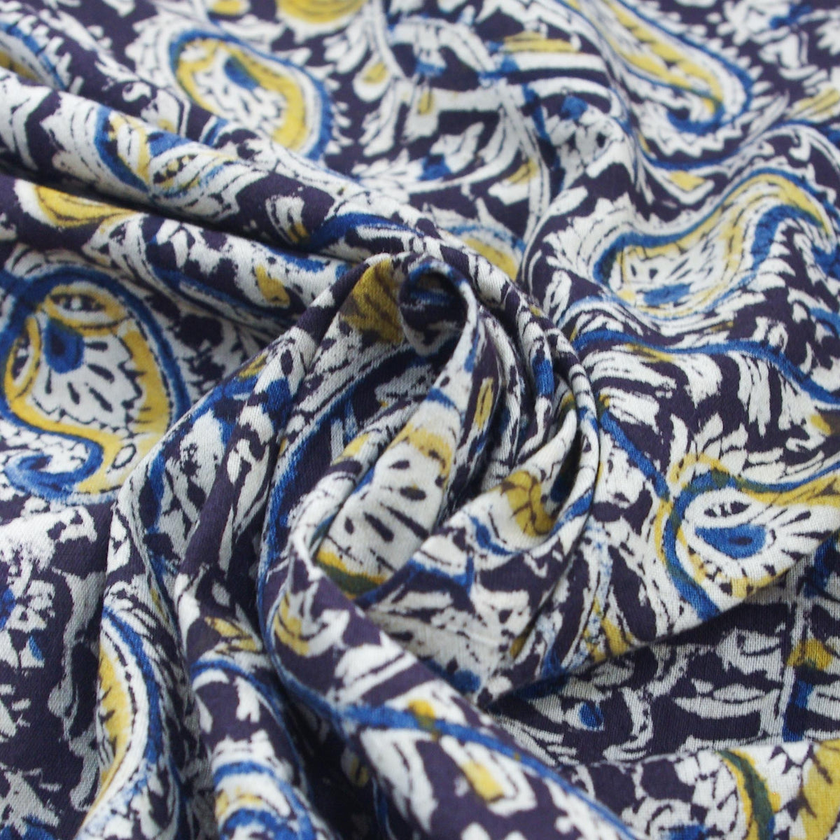 Kalamkari Black & Blue Paisley Hand Block Printed Fabric -Design 408