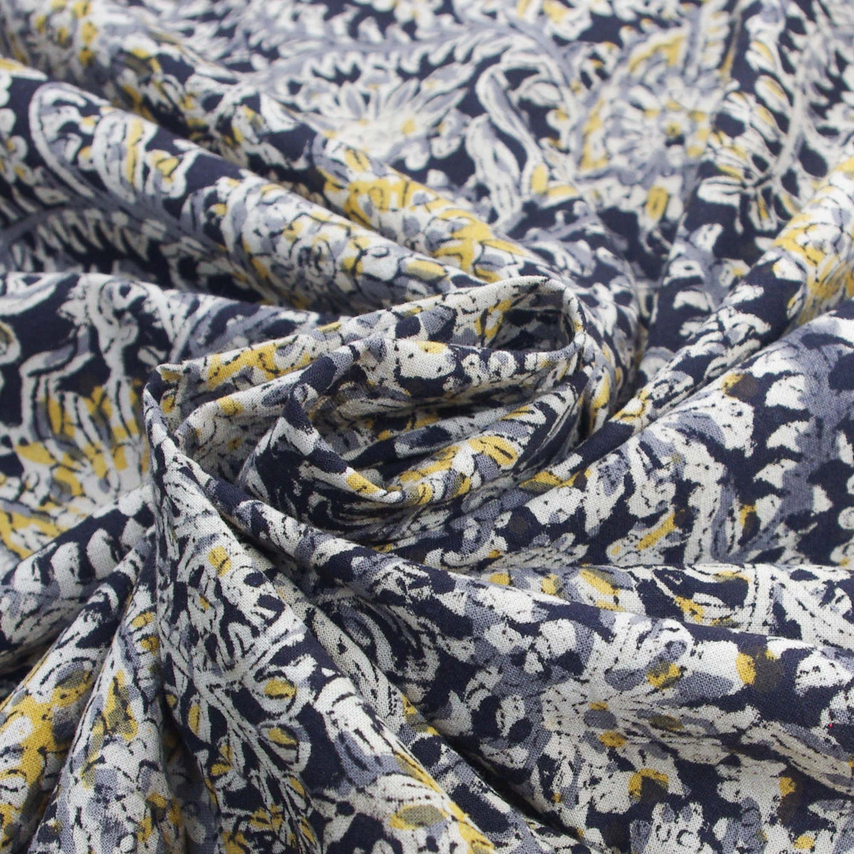 Kalamkari Black & Yellow Jaal Hand Block Printed Upholstery Fabric -Design 409
